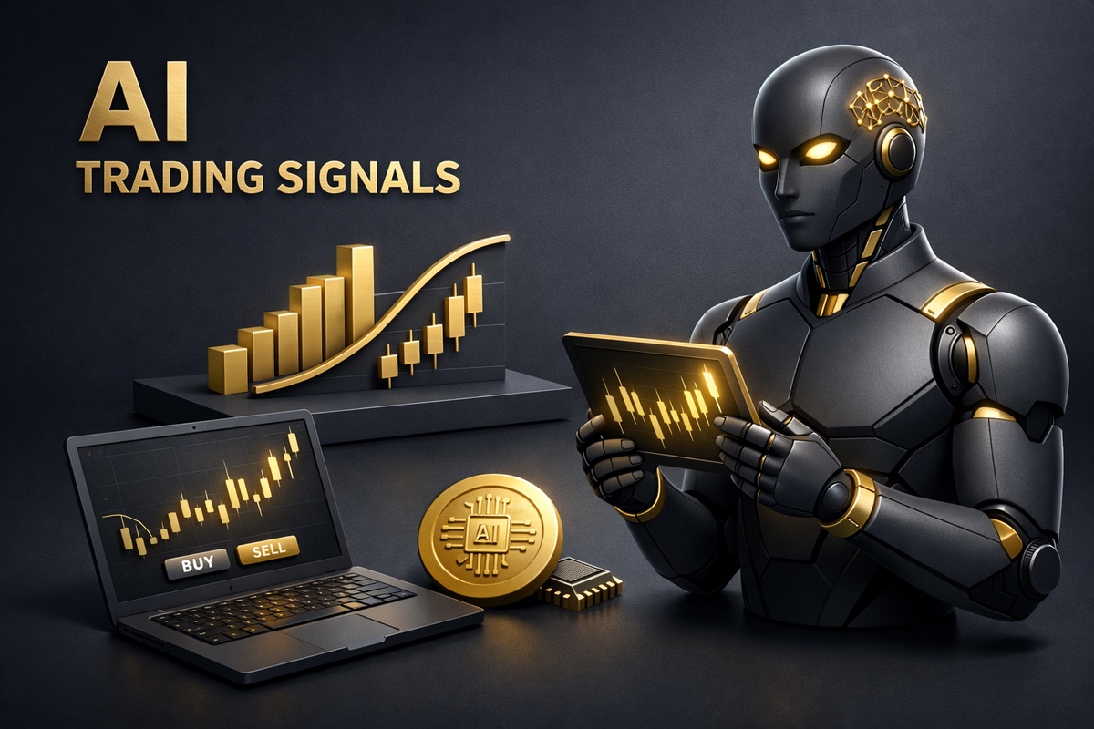A robotic figure holding a tablet displaying AI trading signals alongside a laptop and a gold coin.