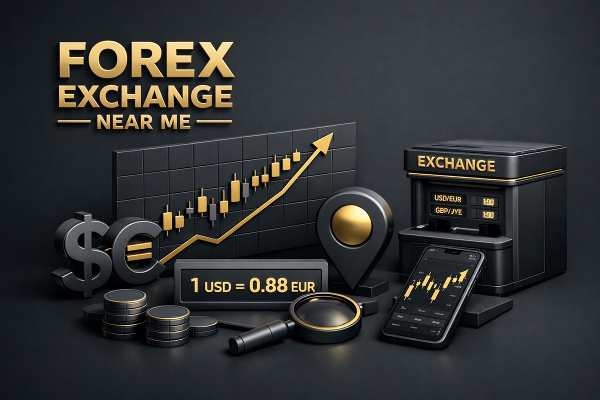 Forex Exchange graphic featuring currency symbols, a rising graph, and exchange rates displayed on a smartphone.