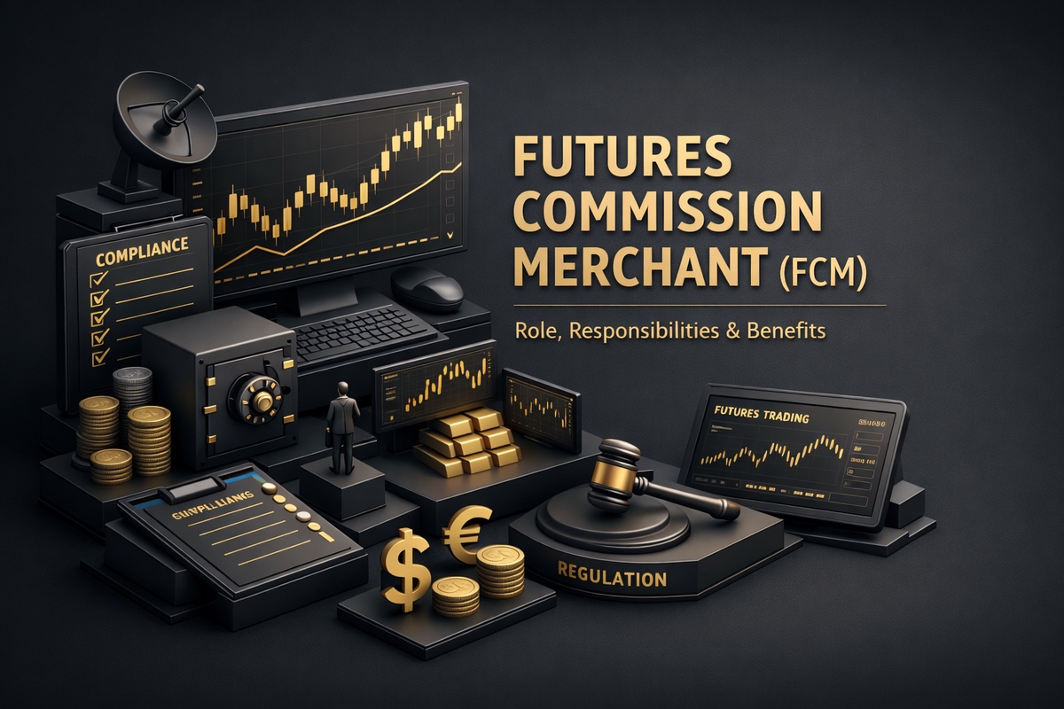 Graphic representation of a Futures Commission Merchant (FCM) with charts, a gavel, and financial symbols.