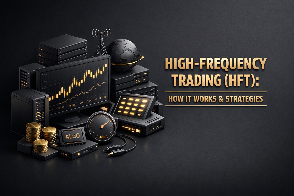 Visual representation of high-frequency trading (HFT) with charts, servers, and financial elements.