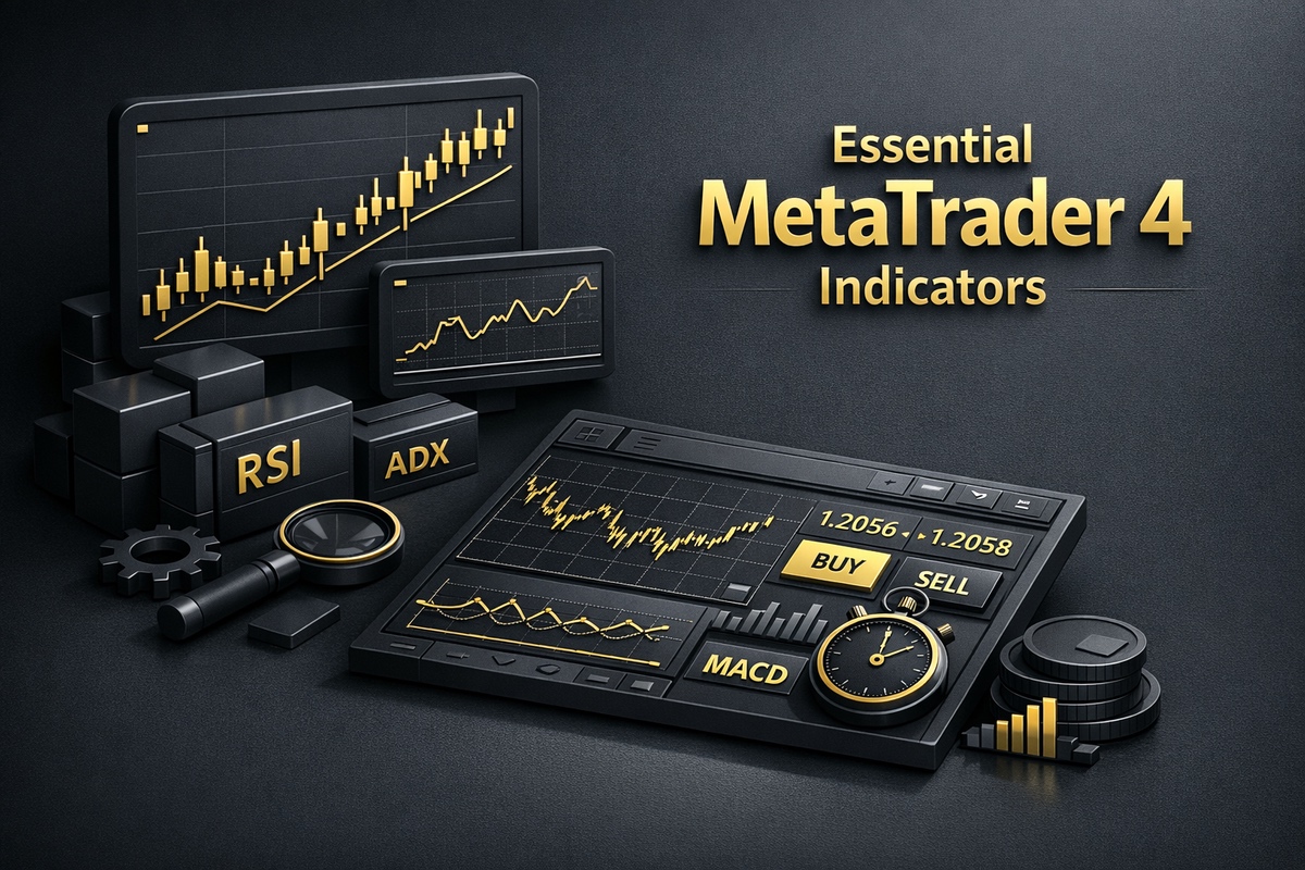 Graphic representation of essential MetaTrader 4 indicators including RSI, ADX, and MACD on a dark background.
