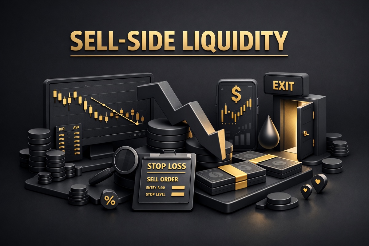 Graphic representation of sell-side liquidity with charts, coins, and financial symbols on a dark background.