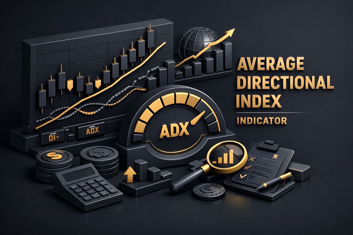 3D representation of the Average Directional Index (ADX) indicator with graphs, charts, and financial symbols.