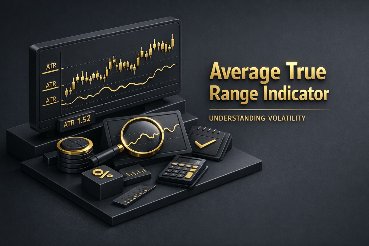 Average True Range Indicator graphic displaying financial data and volatility metrics in a sleek design.