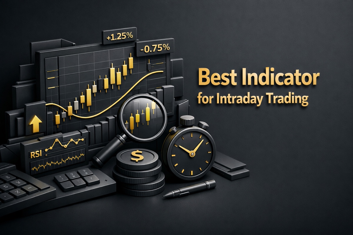 Graphical representation of trading indicators with a clock, magnifying glass, and financial symbols for intraday trading.