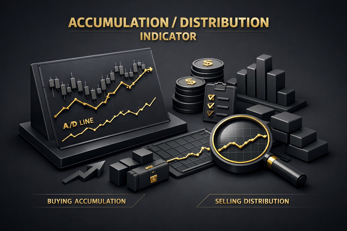 Accumulation Distribution Indicator graphic showing financial data and trends with charts and symbols.
