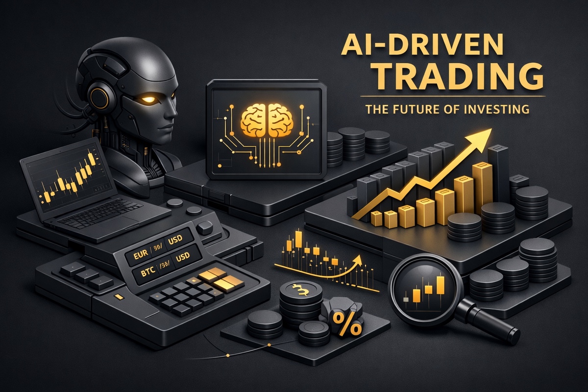 Illustration of AI-driven trading with charts, graphs, and a robotic head symbolizing the future of investing.