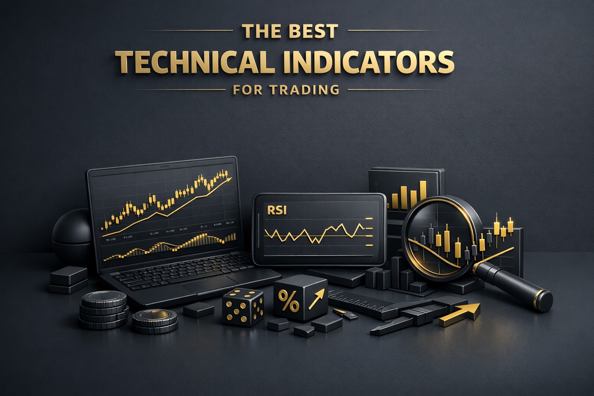 A collection of technical indicators for trading displayed on various devices and objects, including graphs and charts.