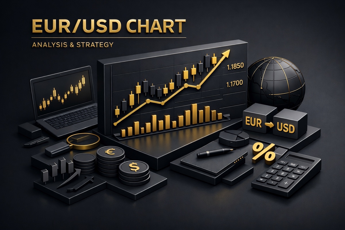 3D representation of an EUR/USD chart with financial symbols, graphs, and a globe on a dark background.