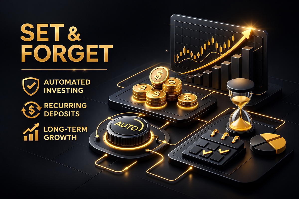 Graphic illustrating automated investing concepts with gold coins, charts, and icons for recurring deposits and long-term growth.