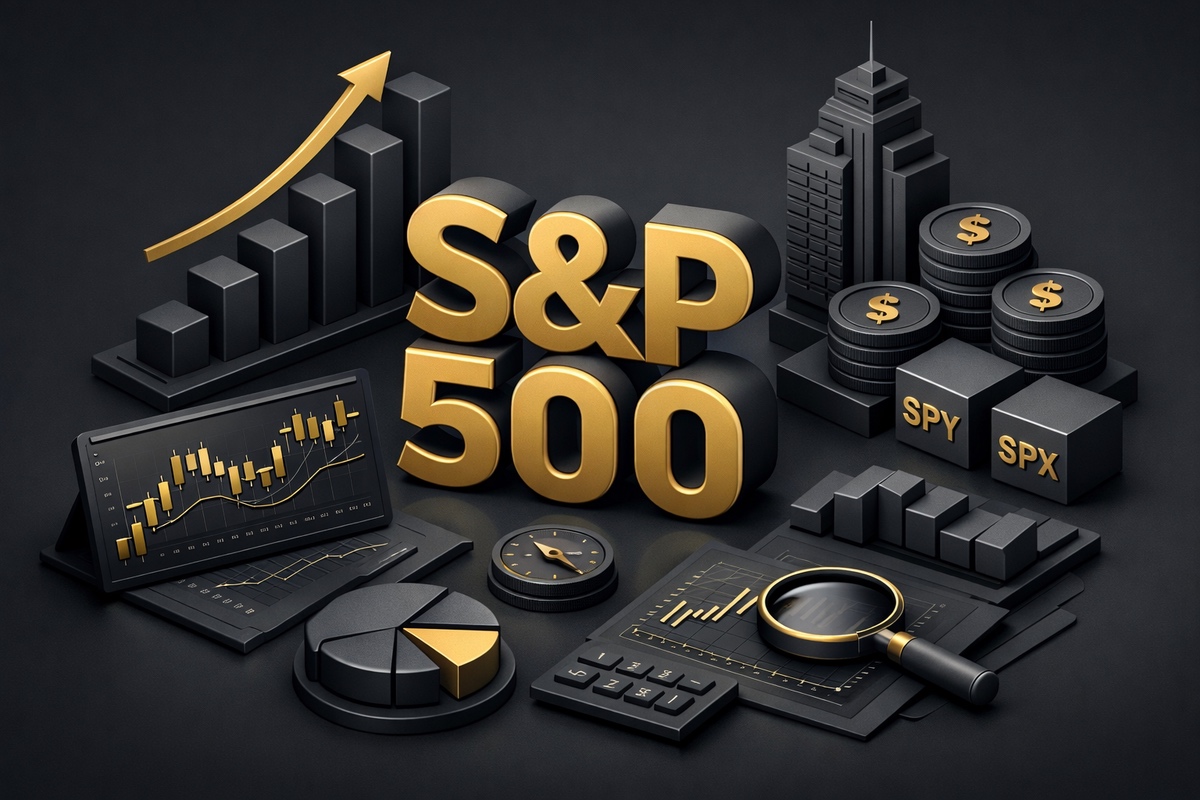 3D illustration of S&P 500 with financial charts, coins, and graphs representing market trends.