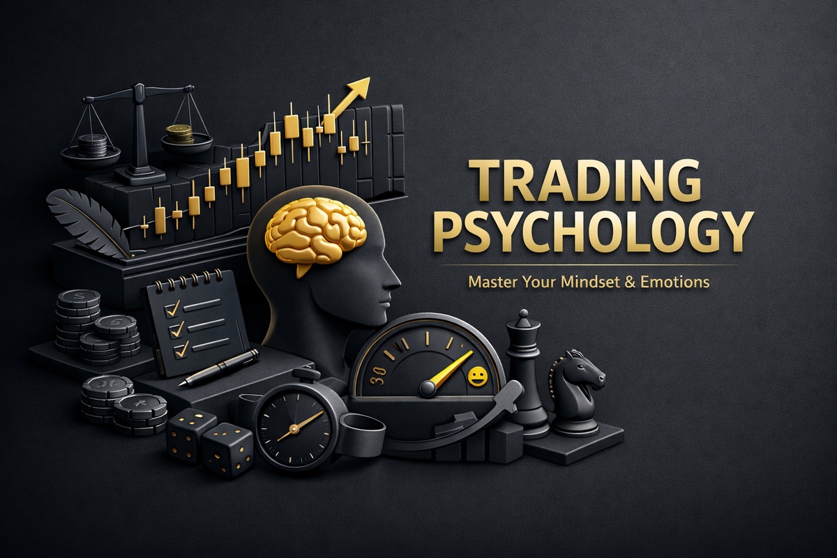 Graphic representation of trading psychology featuring a brain, charts, and various symbols related to finance.