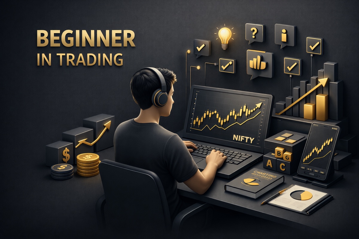 A person working on a laptop with trading charts and financial symbols, emphasizing beginner trading concepts.