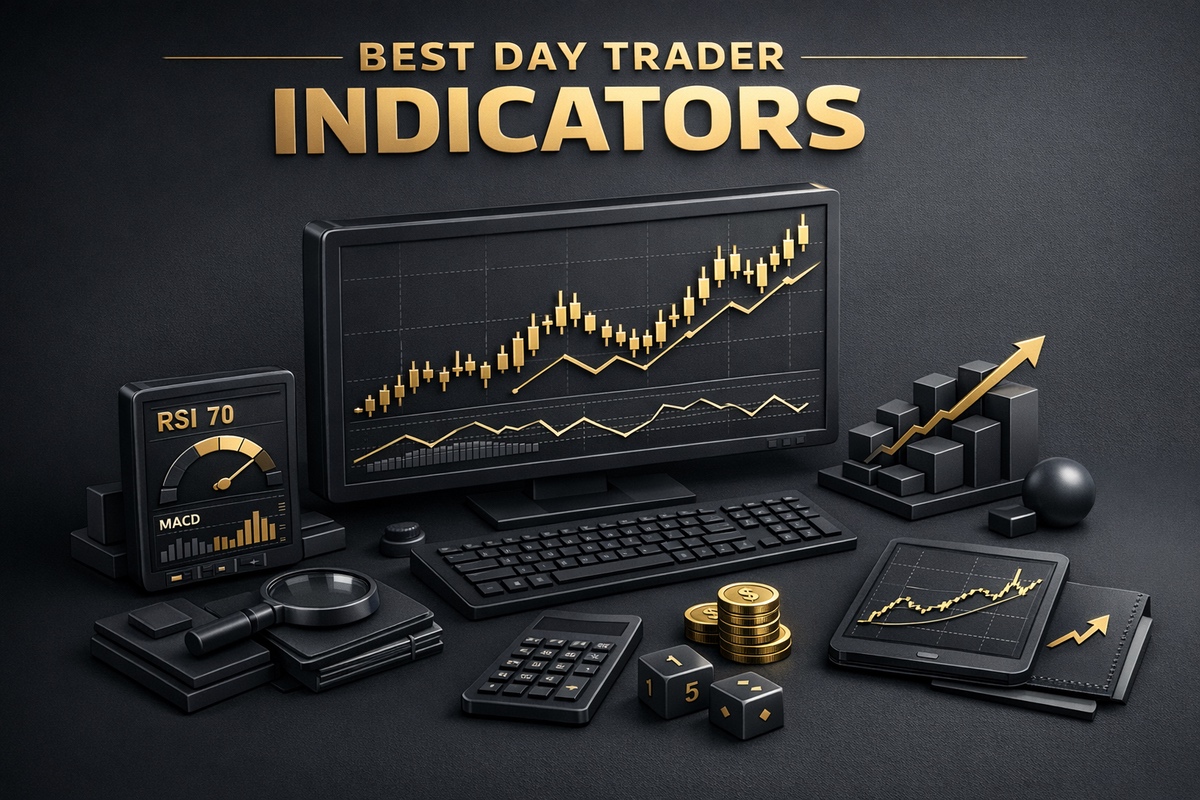 A collection of trading indicators including graphs, charts, and financial tools on a dark background.