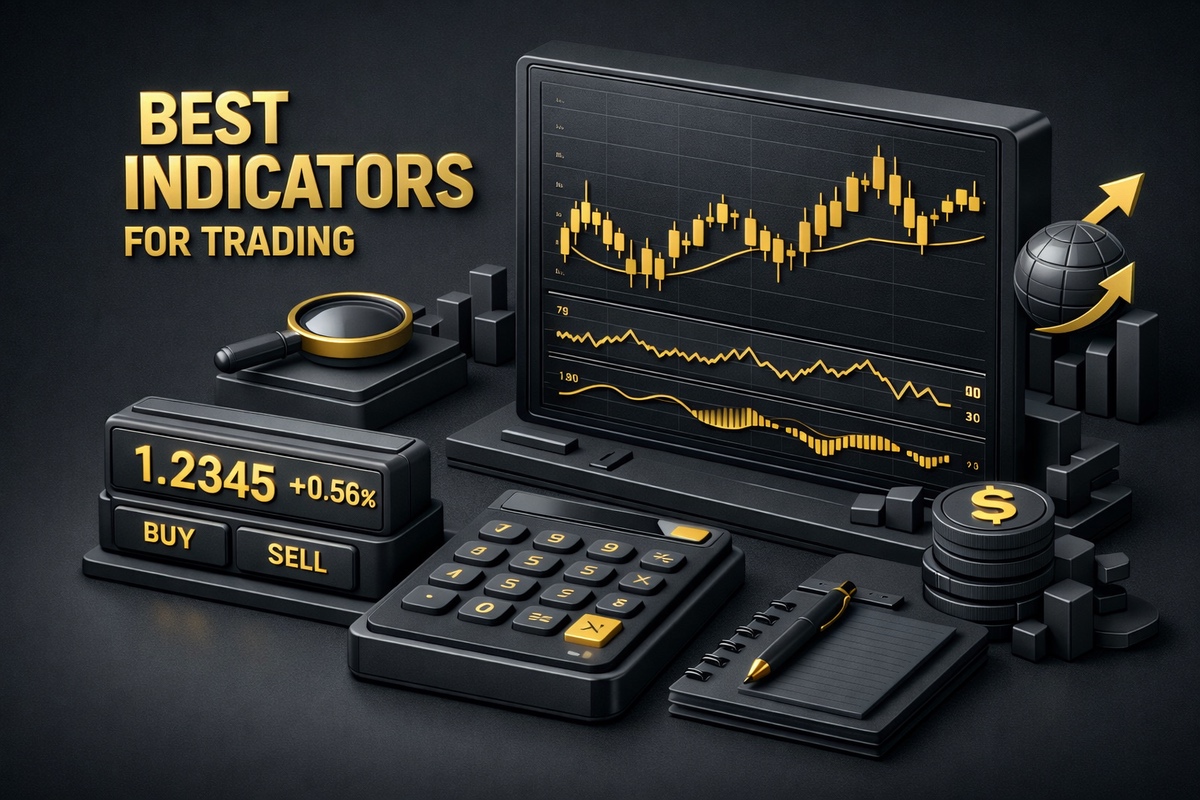 Graphical representation of trading indicators with a calculator, monitor, and financial symbols in a dark theme.
