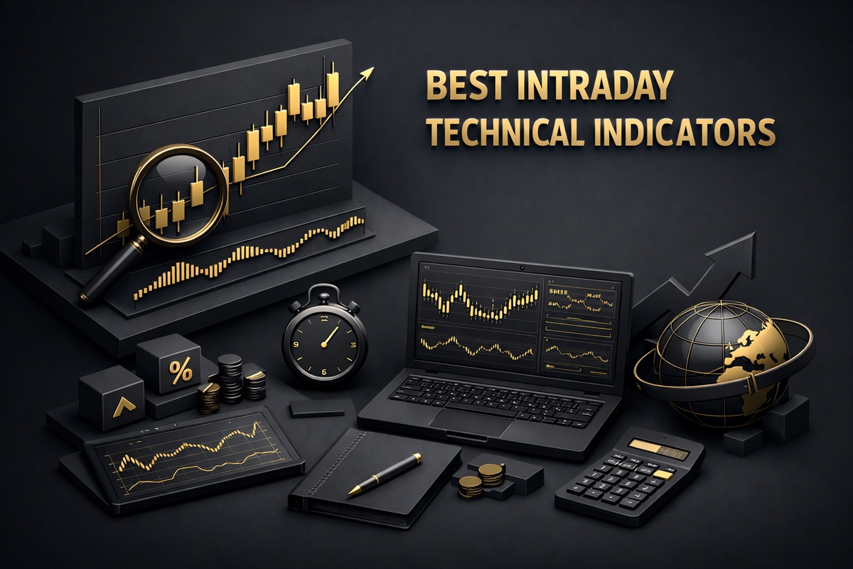 Graphical representation of best intraday technical indicators with charts, a magnifying glass, and various trading tools.