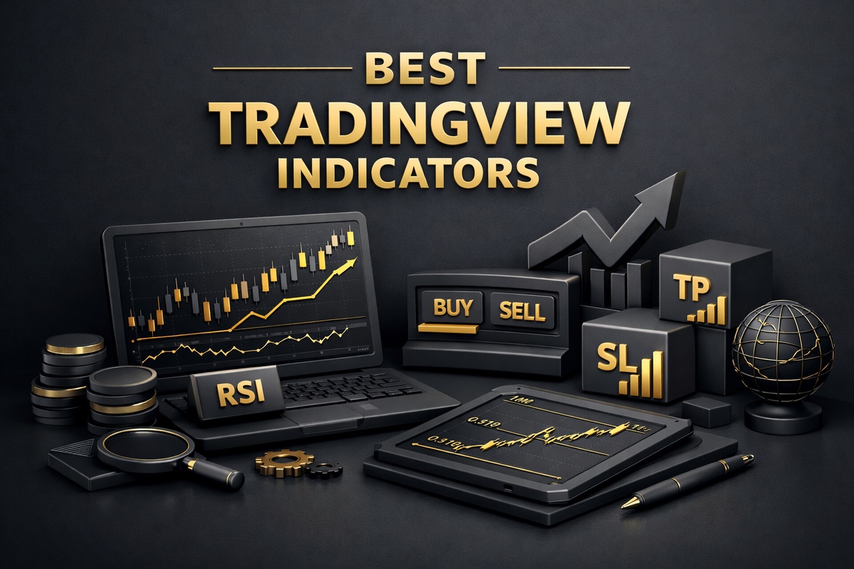 A collection of trading indicators and tools including a laptop displaying graphs, buy/sell signs, and various trading metrics.