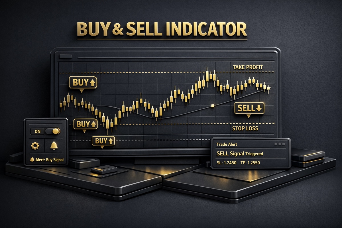 Buy and Sell Indicator graphic with trading signals, charts, and alert notifications displayed on a dark background.