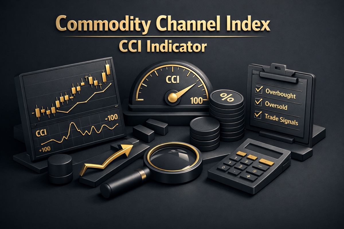 3D illustration of Commodity Channel Index (CCI) indicator with graphs, gauge, and calculator on a dark background.