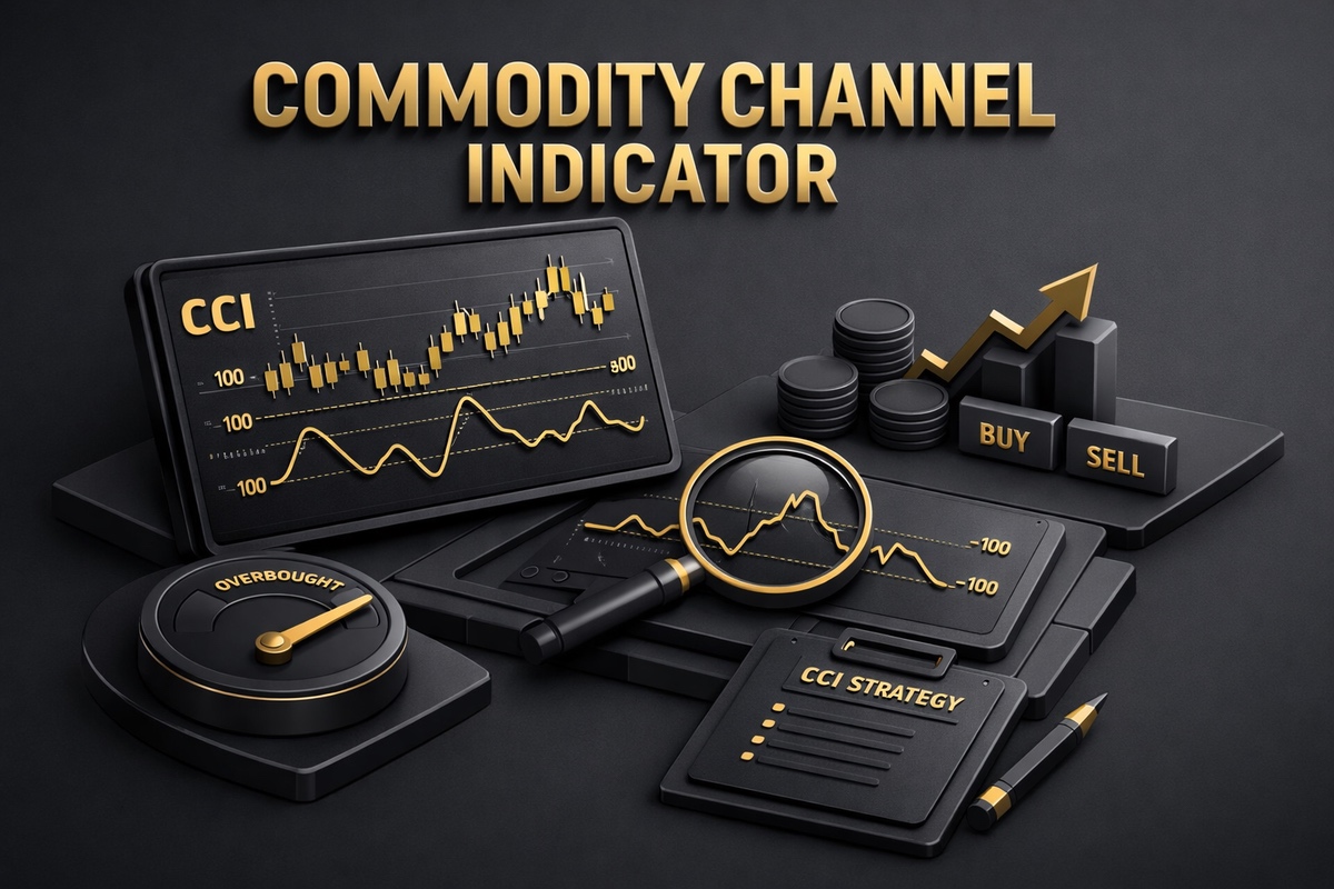 3D illustration of a Commodity Channel Indicator with graphs, buy/sell buttons, and strategy notes on a dark background.