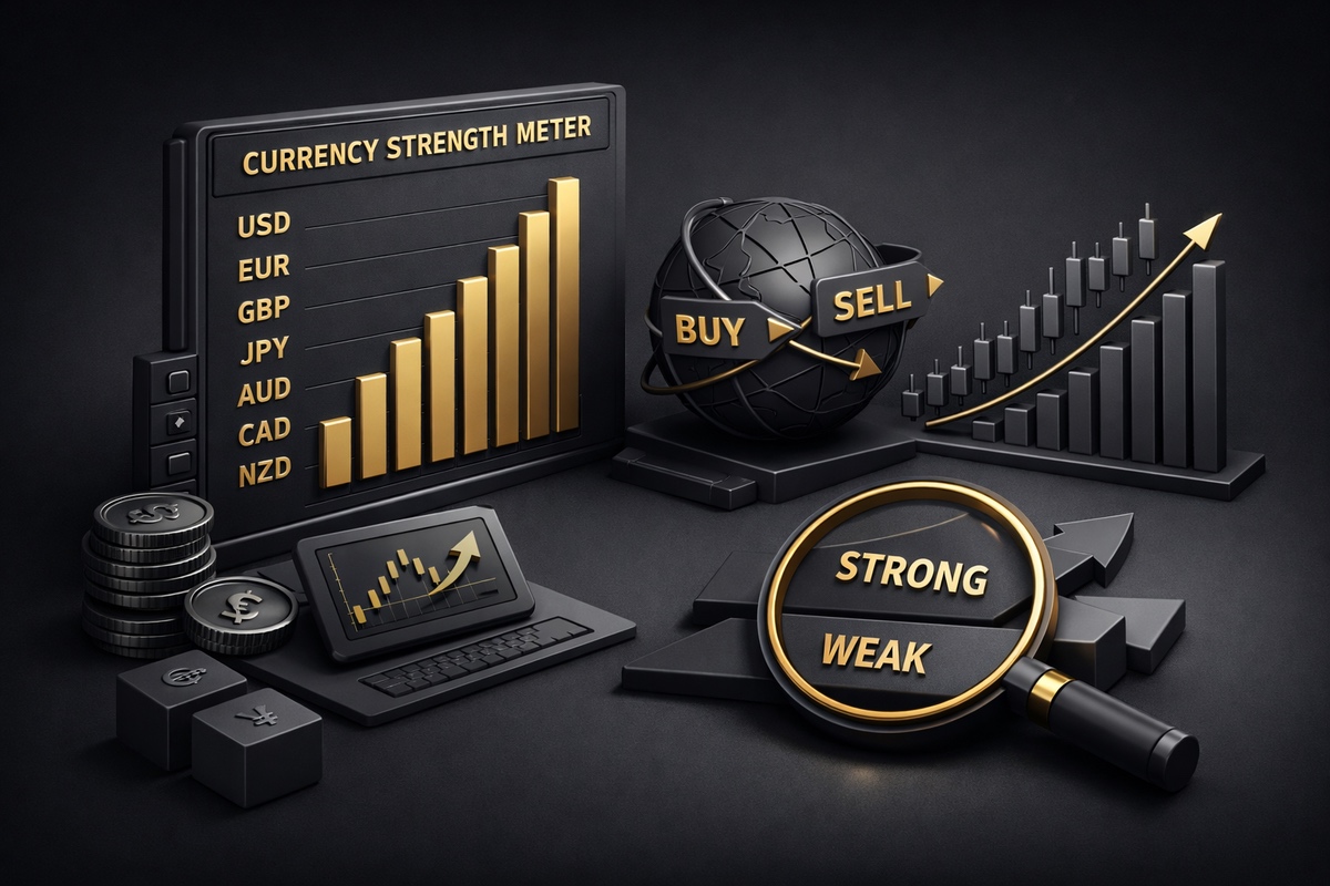 Currency Strength Meter displaying various currency indicators and trends in a dark-themed design.