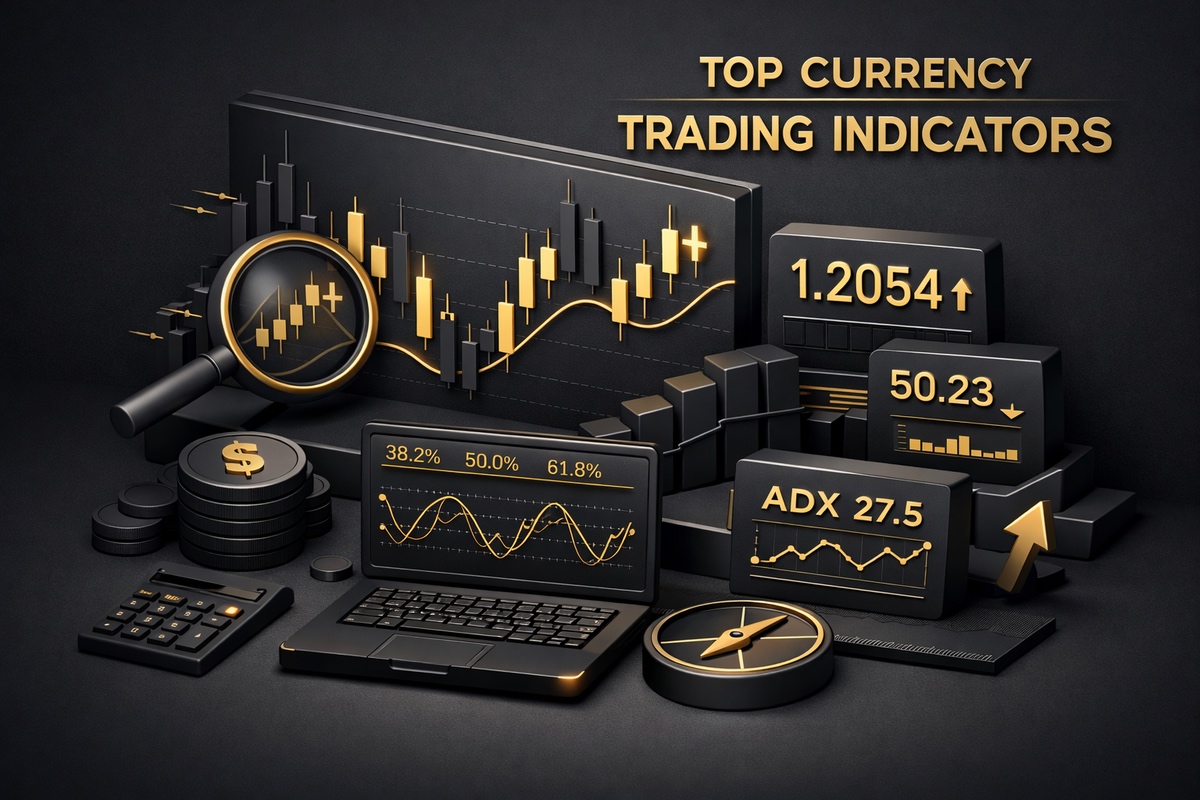 3D representation of top currency trading indicators with graphs, data points, and a calculator on a dark background.