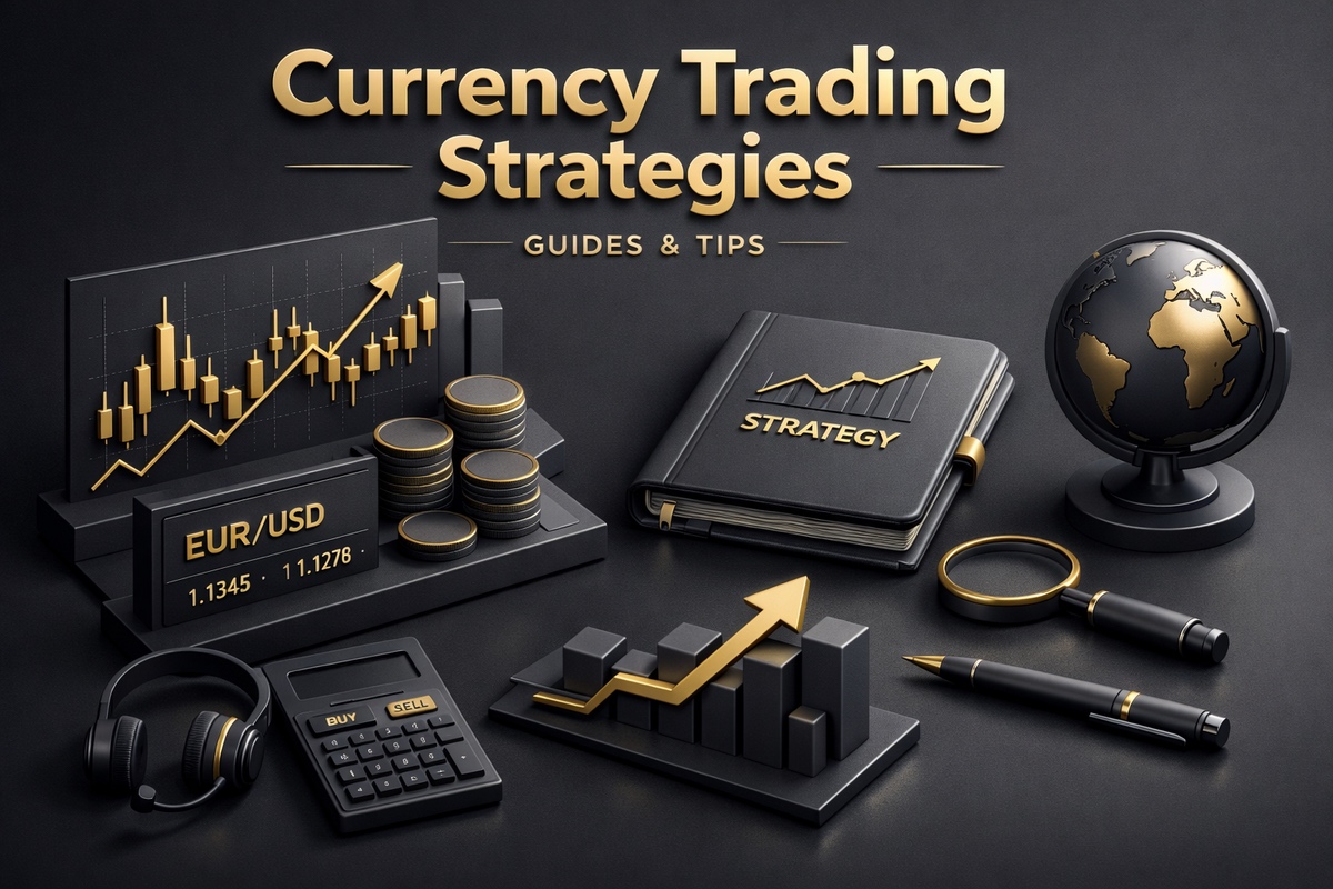 Stylized representation of currency trading strategies with graphs, a globe, and trading tools including a calculator and notebook.