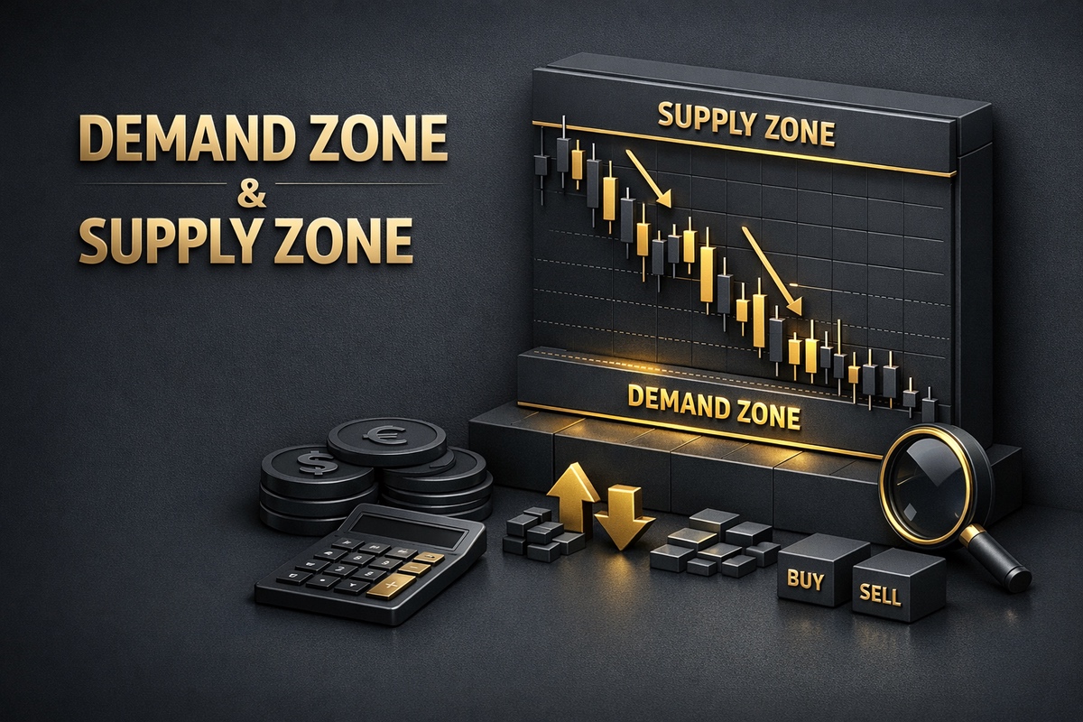 3D graphic illustrating demand and supply zones with a downward trend chart, calculator, coins, and buy/sell buttons.