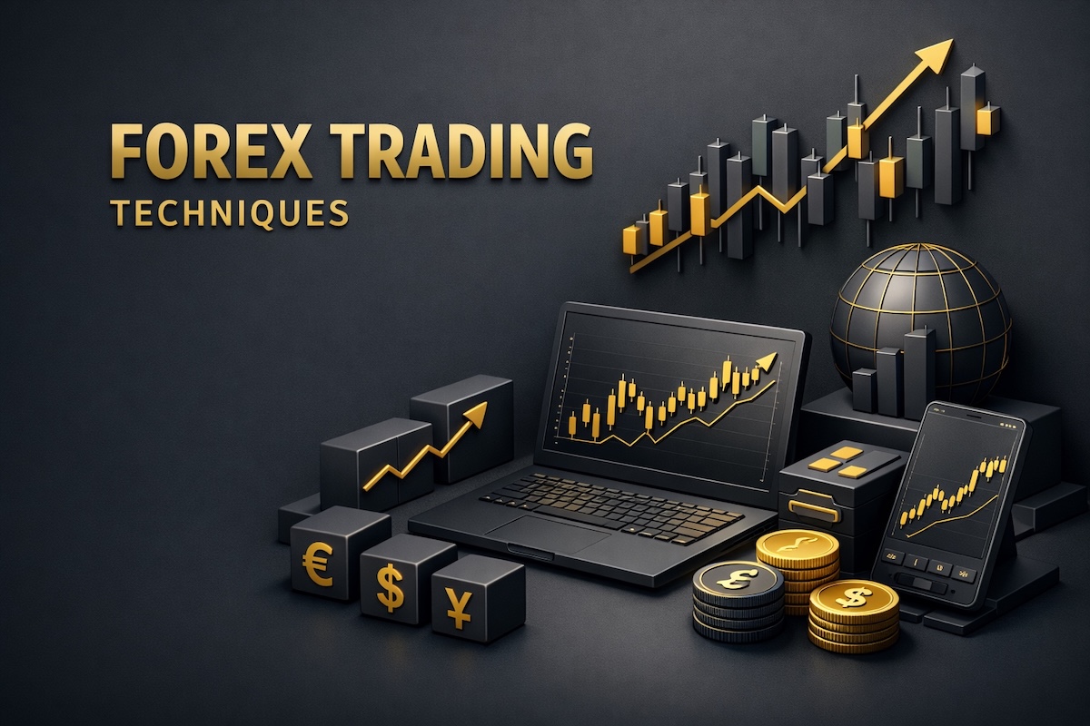 Graphic representation of Forex trading techniques with charts, currency symbols, and a globe on a dark background.