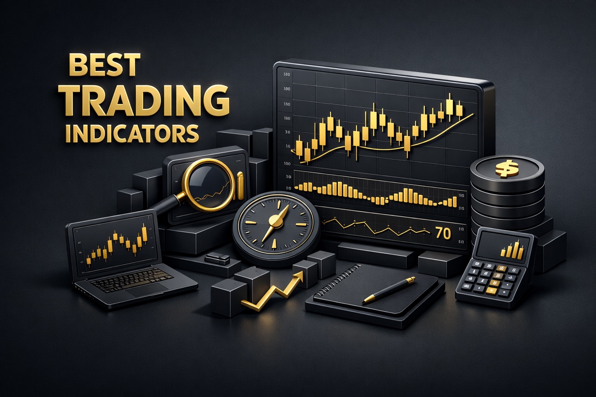 Graphic representation of trading indicators featuring charts, a clock, and financial symbols in gold and black.