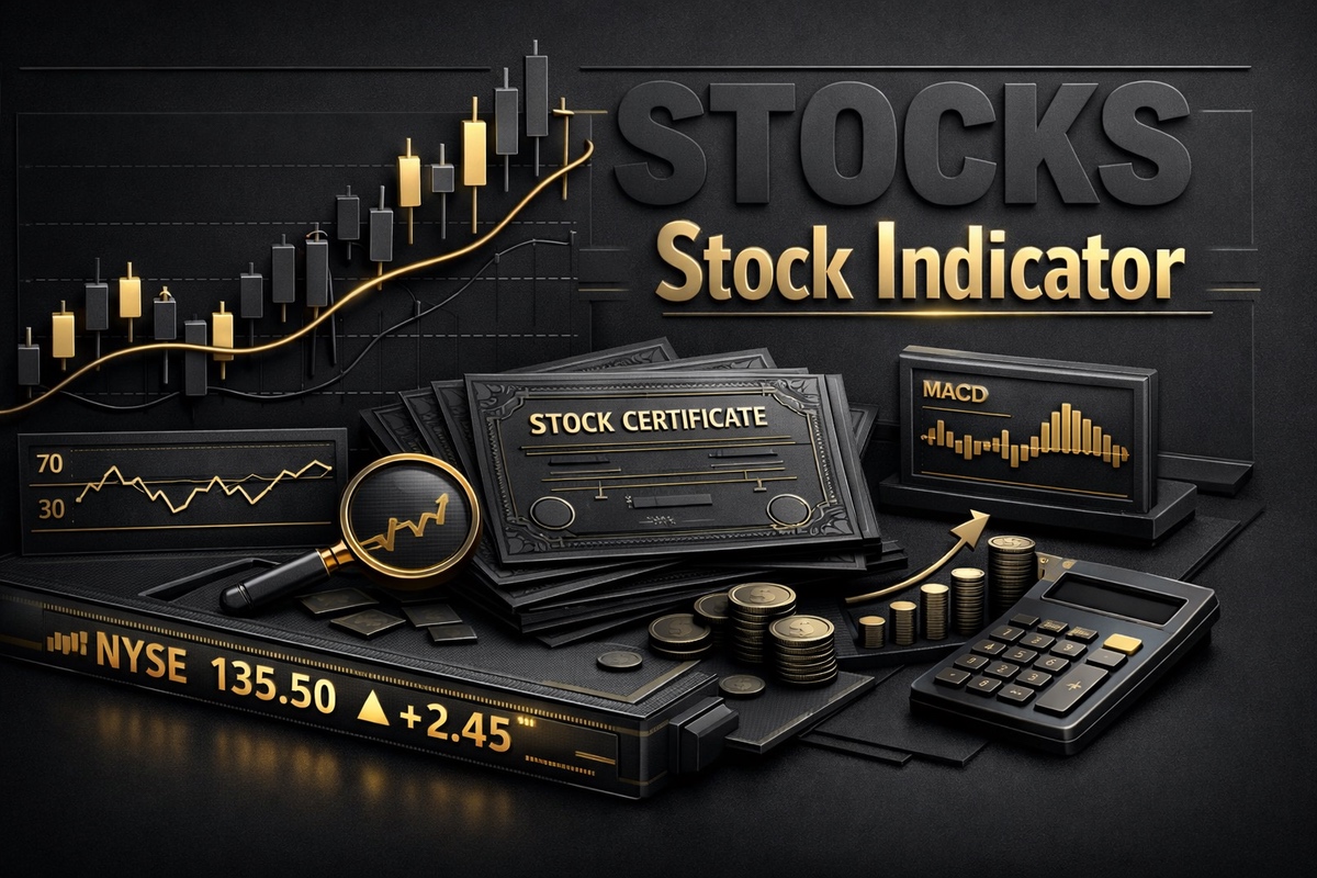 Stock indicator graphic featuring stock charts, a stock certificate, and financial tools on a dark background.