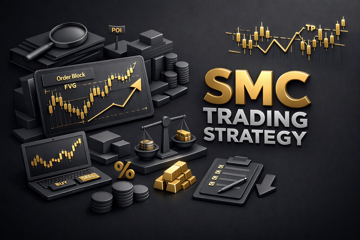SMC Trading Strategy graphic featuring charts, scales, and gold bars on a dark background.