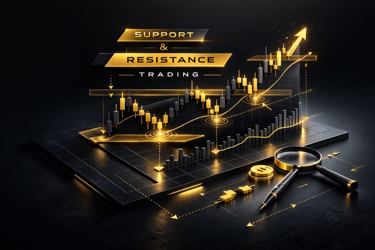 Graphical representation of support and resistance trading concepts with charts and indicators in a dark background.