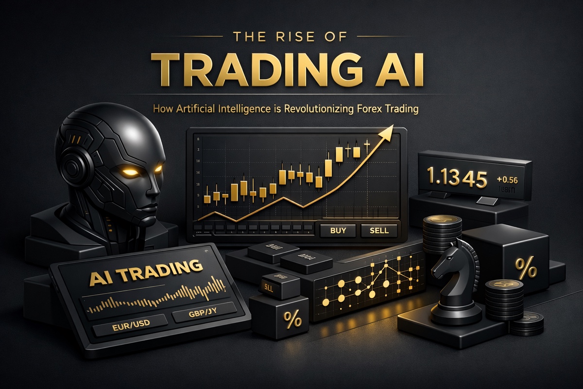 Graphic representation of Trading AI with a robotic head, trading charts, and currency symbols on a dark background.