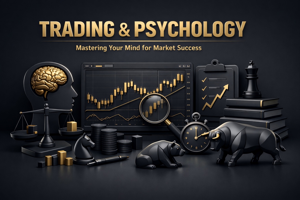 A composition illustrating trading psychology with a brain, financial charts, and symbolic figures like bulls and bears.