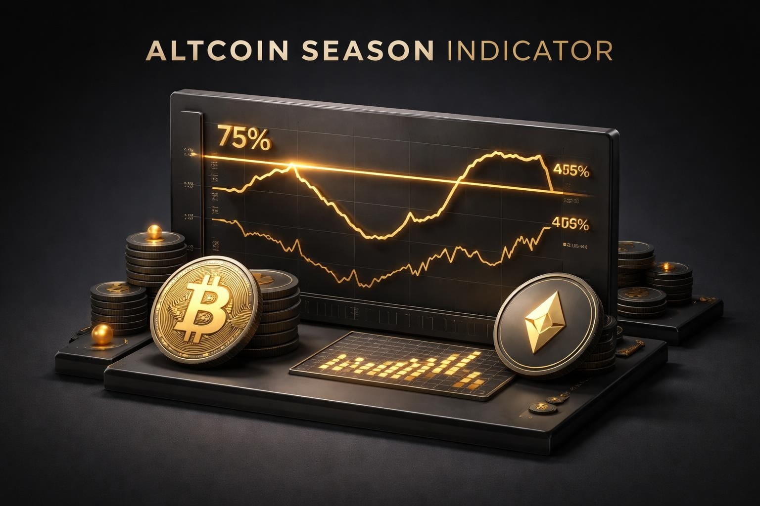 Altcoin Season Indicator theme featuring gold Bitcoin and Ethereum coins beside a glowing performance chart for PipTrend trading insights.