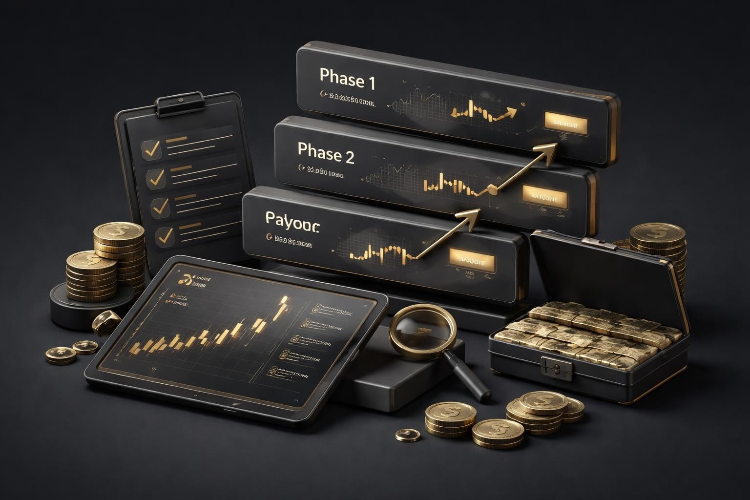 Black background with a gold-accented trading setup showing Phase 1, Phase 2, and Payout panels, charts on a tablet, stacked devices, and piles of coins and a magnifying glass