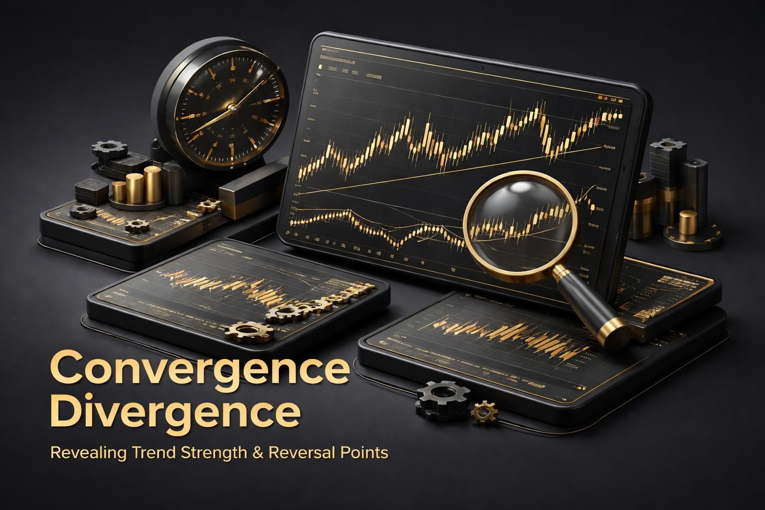 PipTrend convergence divergence trading chart montage with a magnifying glass over gold-tinged candlestick charts on a dark background, accompanied by a clock and mechanical gears.