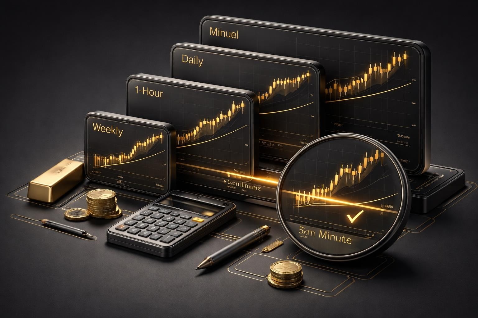 Gold trading setup with multi-timeframe charts on dark screens labeled Weekly, Daily, 1-Hour, and Minuel, alongside a calculator, coins, and a magnified price chart, reflecting a gold market analysis scene.
