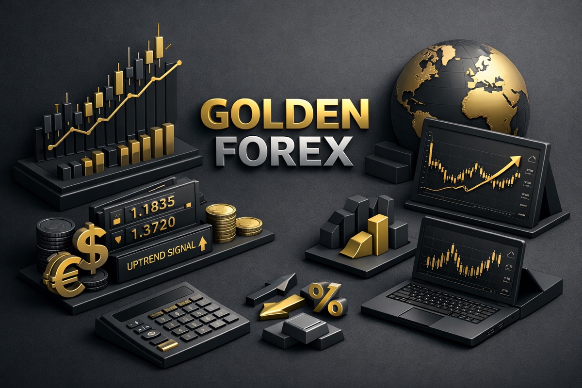 Golden Forex branding with gold and black trading charts, a globe, and multiple financial devices reflecting a market analysis setup.