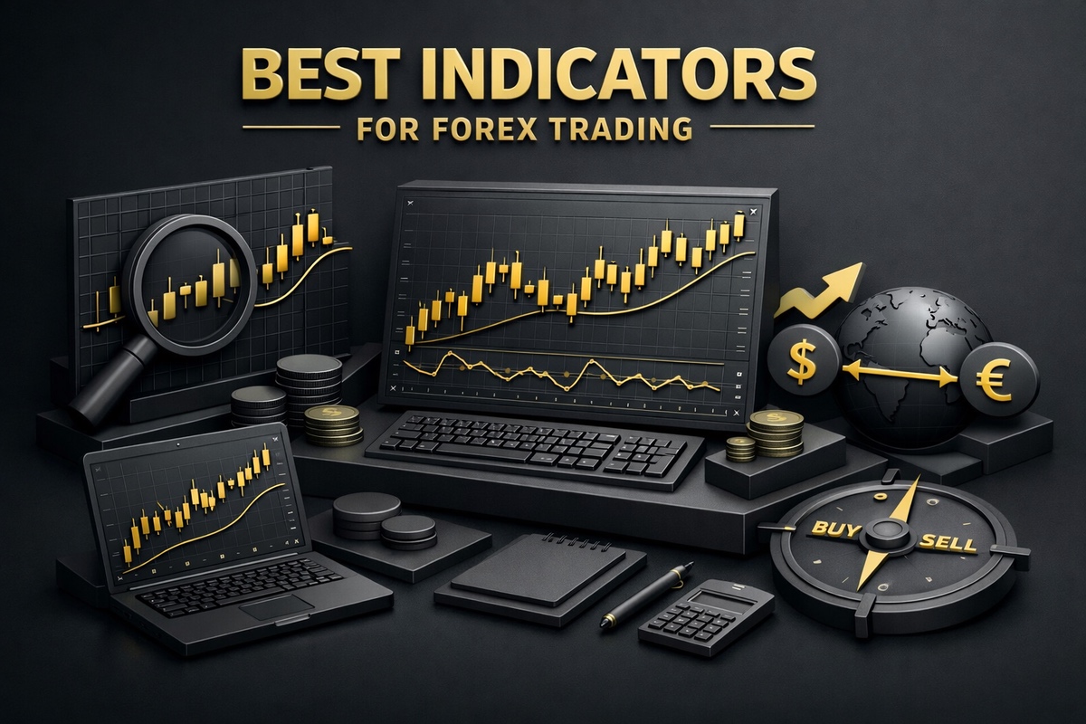 Graphic representation of forex trading indicators with charts, currency symbols, and trading tools on a dark background.
