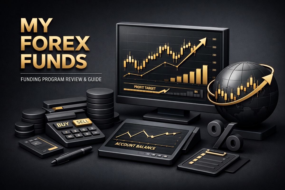 My Forex Funds branding on a dark trading setup with a gold-accented monitor chart, globe, and financial devices, conveying a funding program overview.