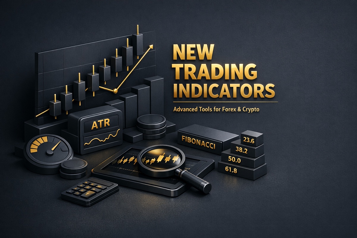 New Trading Indicators graphic in gold lettering beside a dark, layered financial setup featuring charts, a magnifying glass, and stacked numerical blocks.