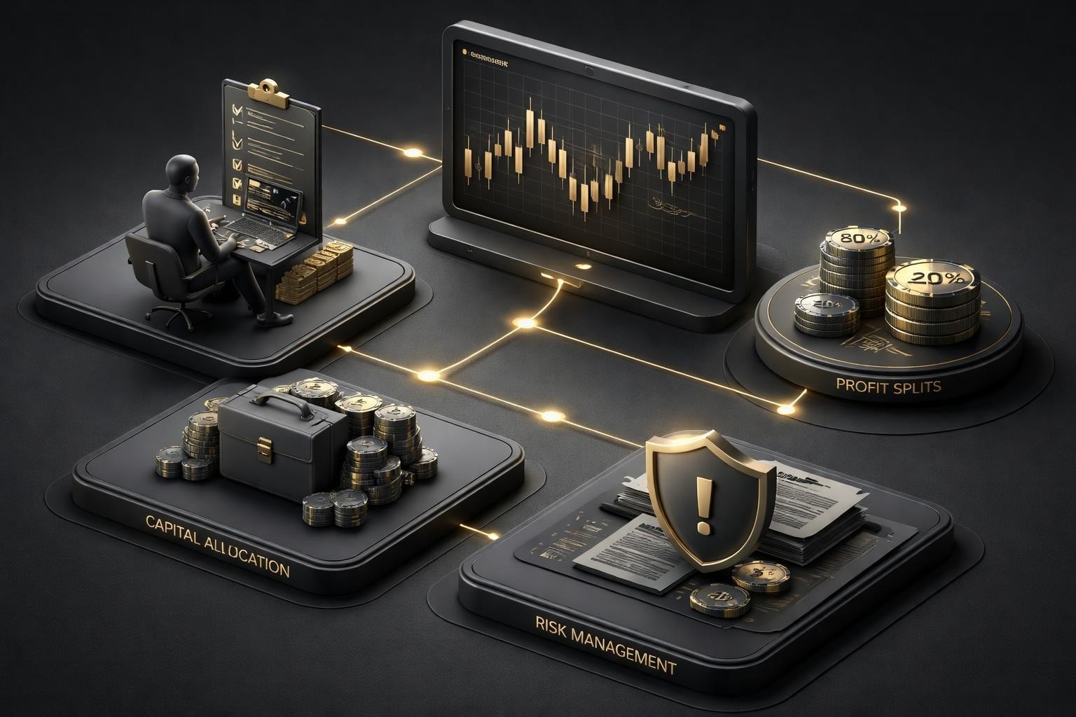 PropFirm funded accounts workflow illustration with a trader at a desk, a monitor showing candlestick chart, and segments labeled Capital Allocation, Profit Splits, and Risk Management.