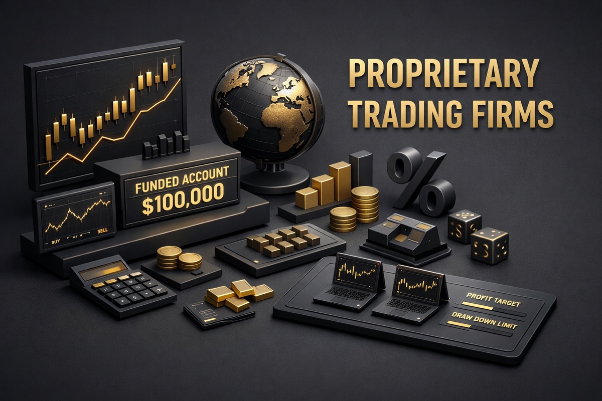 Proprietary trading firms concept featuring gold bars, a globe, and trading dashboards in a dark studio setup, illustrating financial markets and firms.