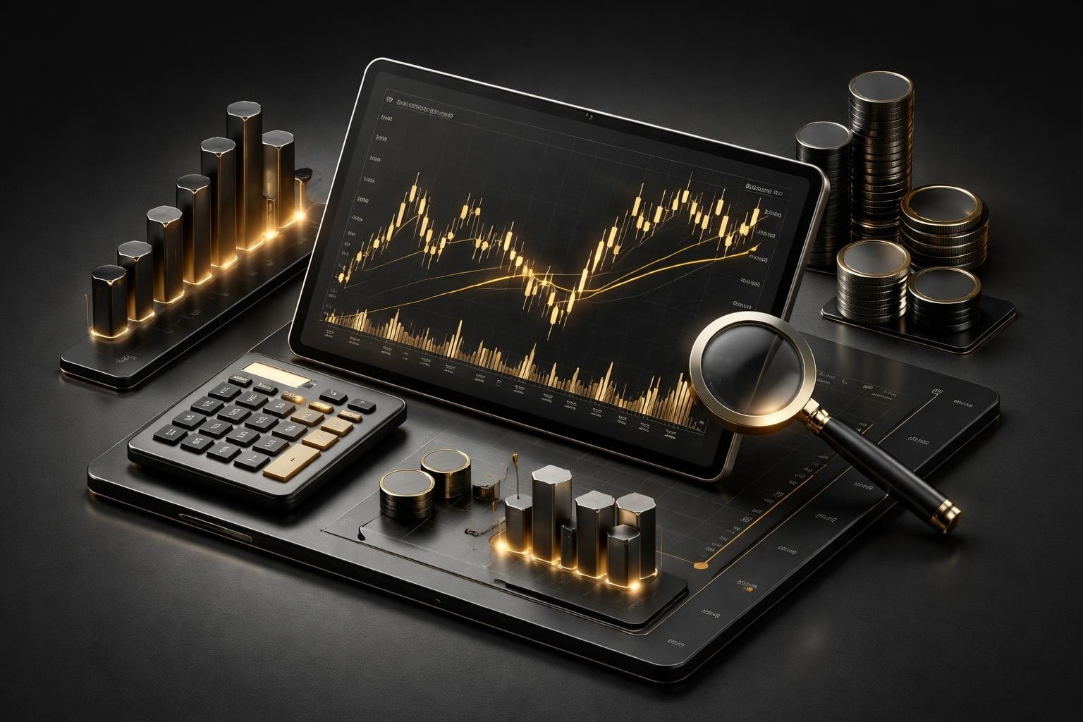 VWAP-inspired trading desk with a tablet displaying a golden stock chart and volume bars, highlighting Volume Weighted Average Price alongside EUR/USD and PipTrend branding