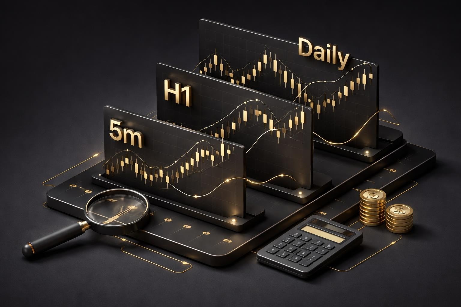 Parabolic SAR concept on multi-timeframe trading screens with EUR/USD charts and gold-accented graphs against a dark background, highlighting signals and trends.