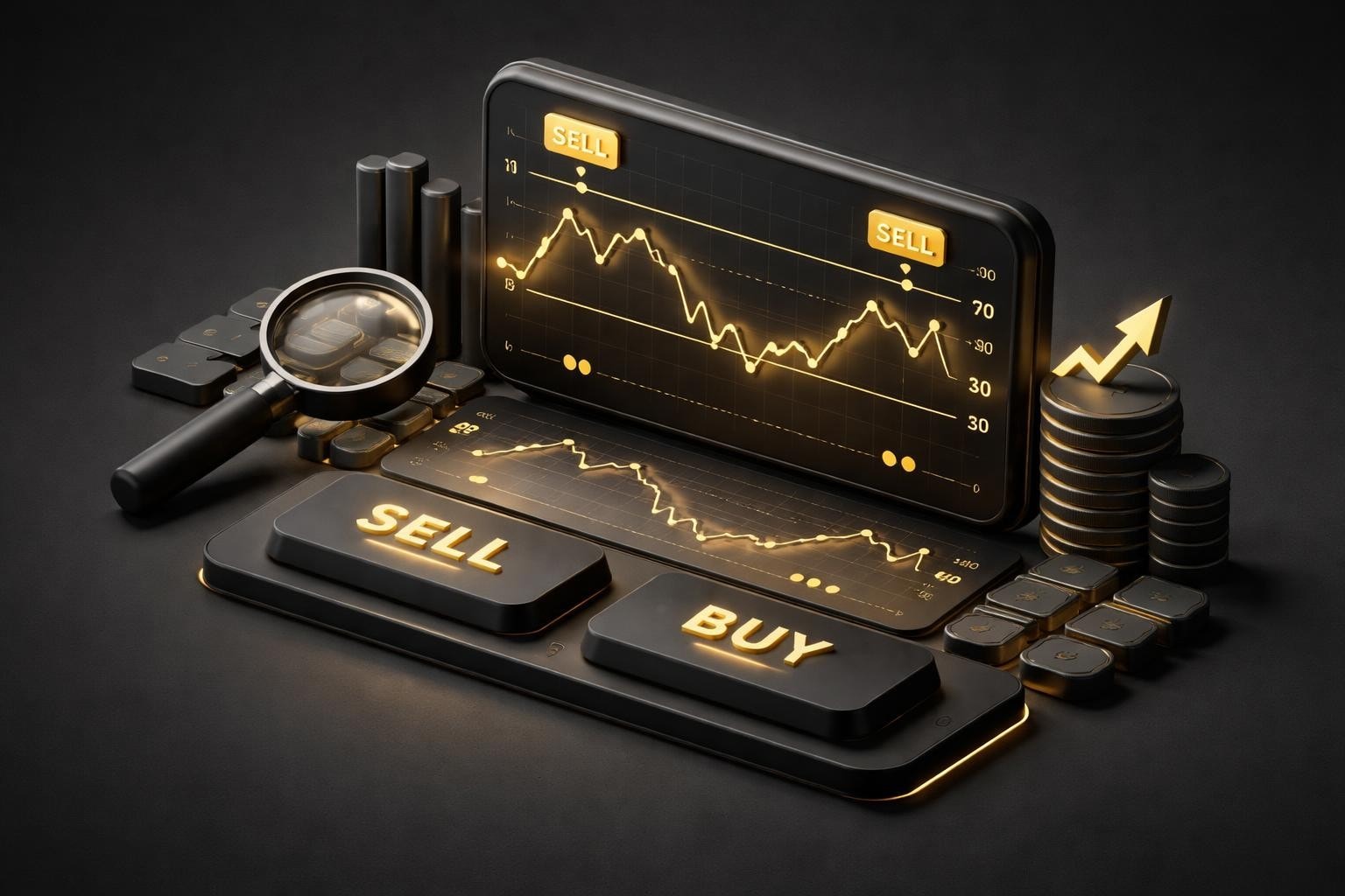 RSI Indicator themed setup with gold BUY and SELL keys, a smartphone chart, magnifying glass, and stacked coins highlighting RSI analysis and market momentum.